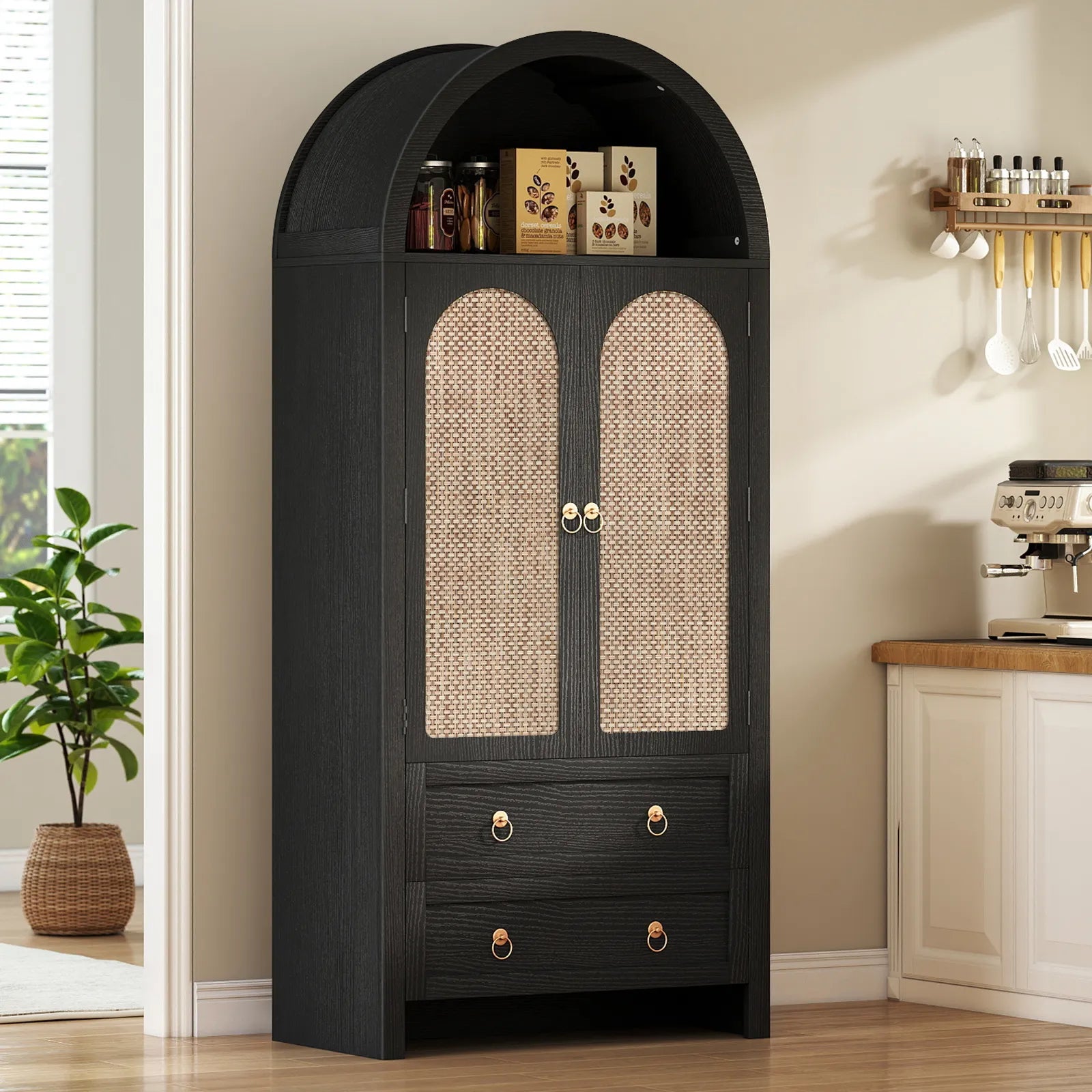 71" Tall Arched Kitchen Pantry Storage Cabinet, Food Pantry Cabinet Bookshelf with 2 Drawers, Wood Storage Cabinets with Door for Dining Room, Living Room