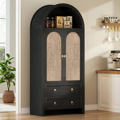 71" Tall Arched Kitchen Pantry Storage Cabinet, Food Pantry Cabinet Bookshelf with 2 Drawers, Wood Storage Cabinets with Door for Dining Room, Living Room