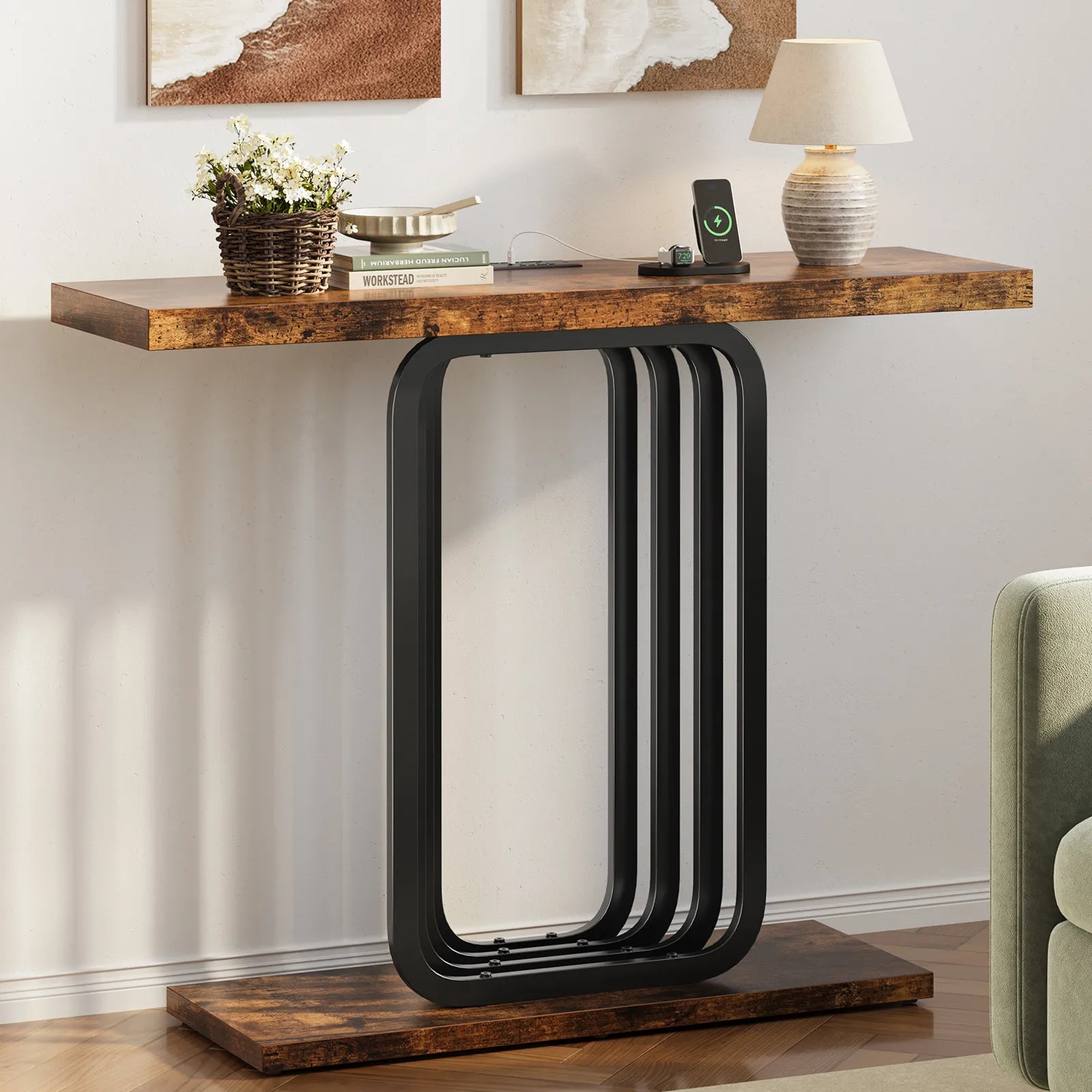 Narrow Console Table with Outlet, Industrial Entryway Table with Unique Base, Small Sofa Table, behind couch table for Entry Way Living Room,Brown