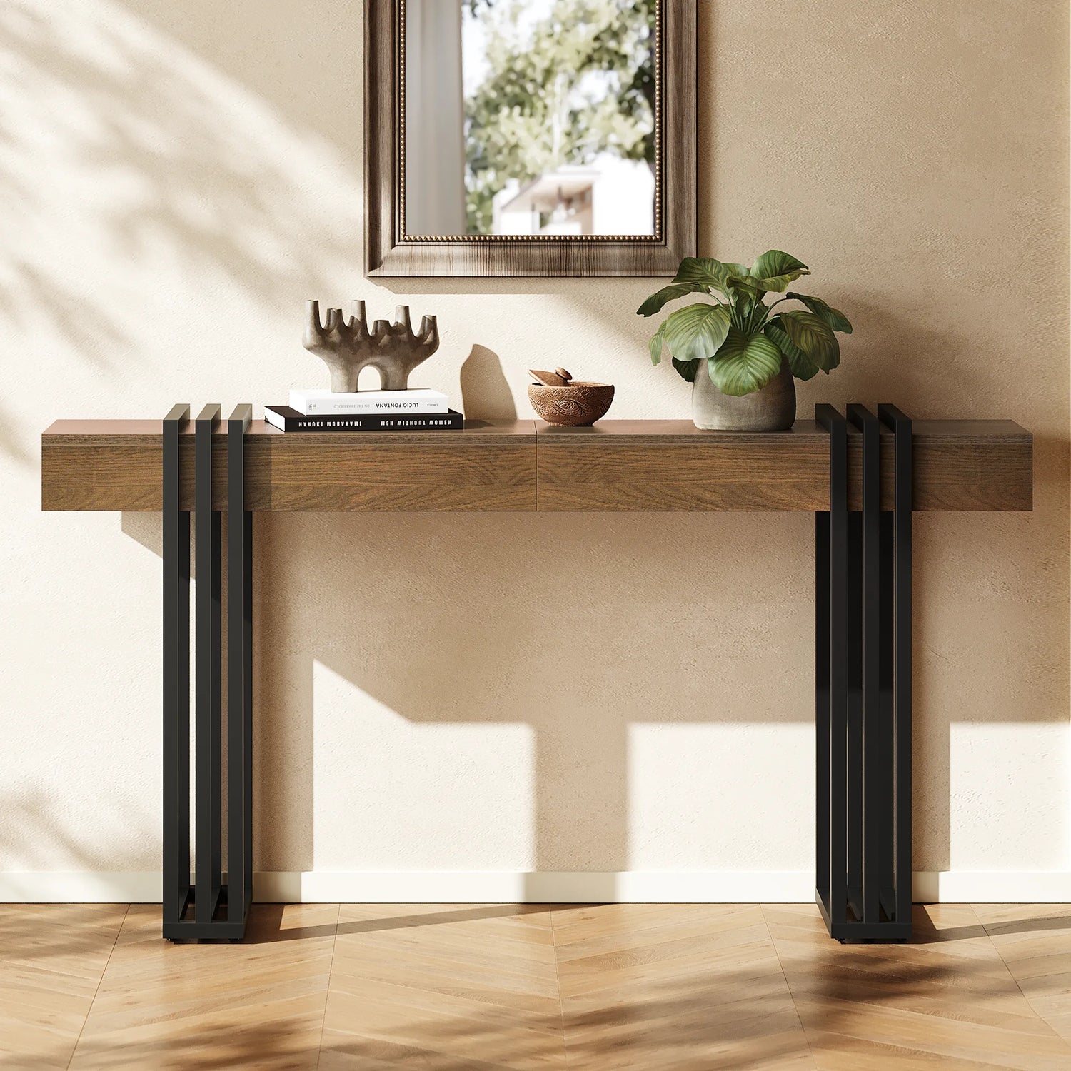 63" Long Console Table, Wood Entryway Table with Black Parallel Metal Frame &amp; Outlet, Behind Couch Table for Hallway Living Room Foyer, Walnut