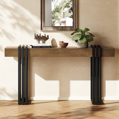 63" Long Console Table, Wood Entryway Table with Black Parallel Metal Frame &amp; Outlet, Behind Couch Table for Hallway Living Room Foyer, Walnut