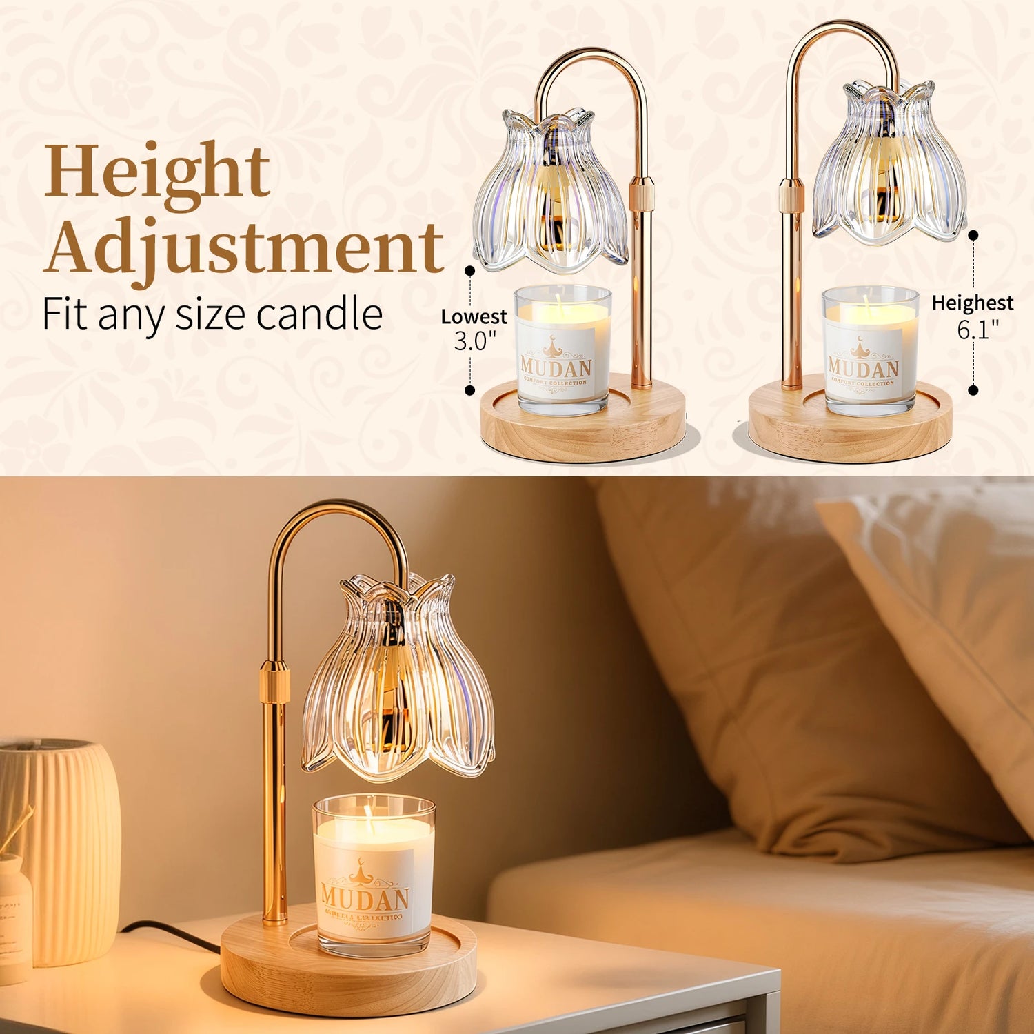 Maliowa Candle Warmer Lamp with Timer &amp; Dimmer - Adjustable Height Electric Candle Warmer, Gift for Women, Birthdays &amp; Housewarmings