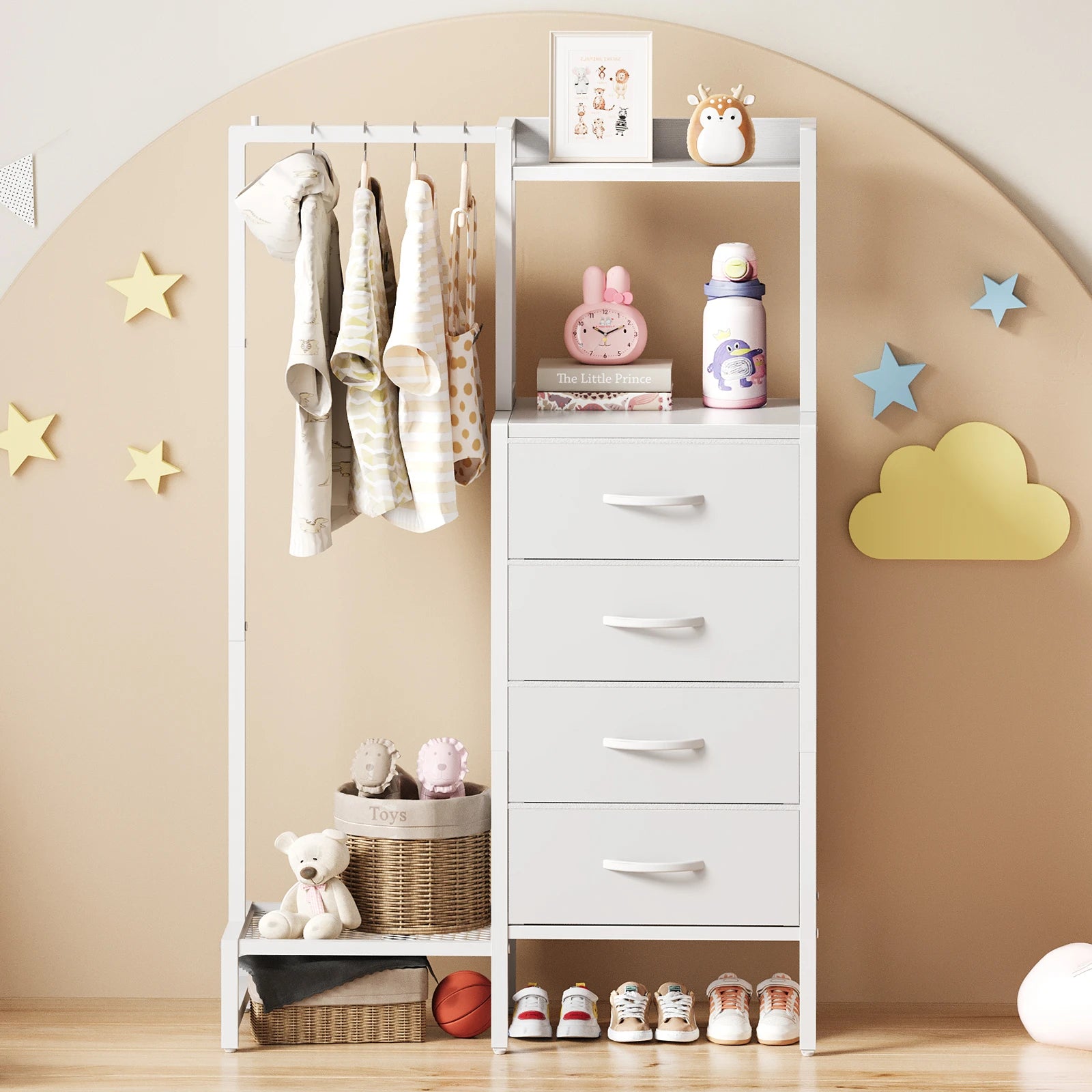 Yoob Small Dresser with Hanging Rack - Small Closet with 4 Fabric Storage Drawers, Chest of Drawer for Bedroom Entryway Dorm