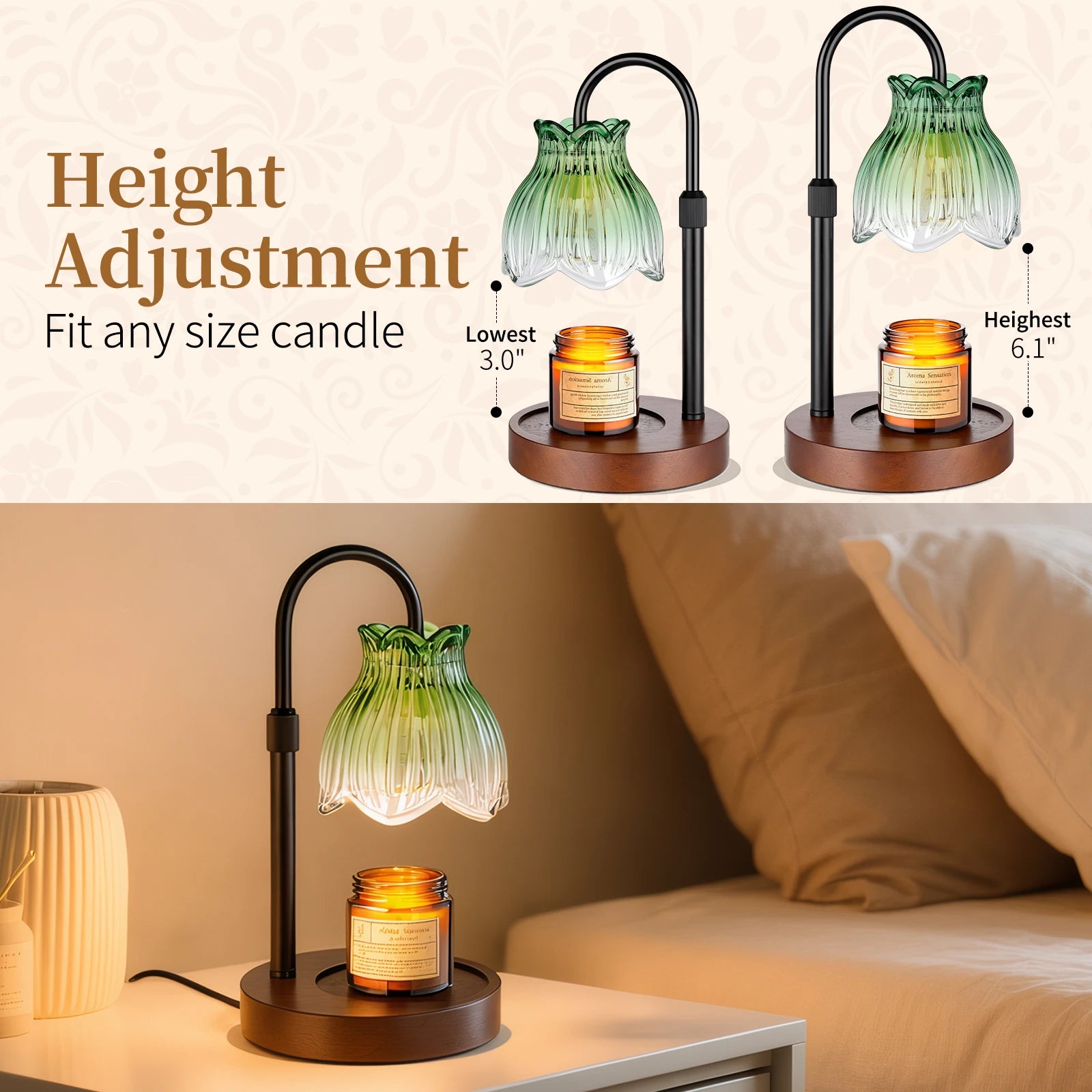 Maliowa Candle Warmer Lamp with Timer &amp; Dimmer - Adjustable Height Electric Candle Warmer, Gift for Women, Birthdays &amp; Housewarmings