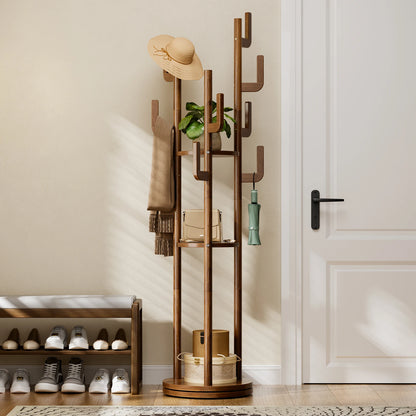 Rotary Coat Rack Freestanding, Solid Wood Coat Tree with 9 Hooks &amp; 3 Open Shelves for Corner, Entryway, Hall Tree for Purse, Bag, Jacket, Hat