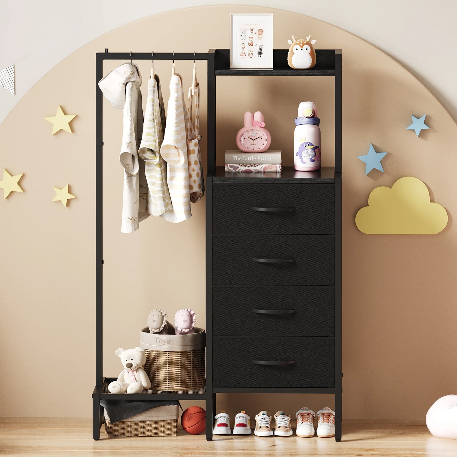 Yoob Small Dresser with Hanging Rack - Small Closet with 4 Fabric Storage Drawers, Chest of Drawer for Bedroom Entryway Dorm