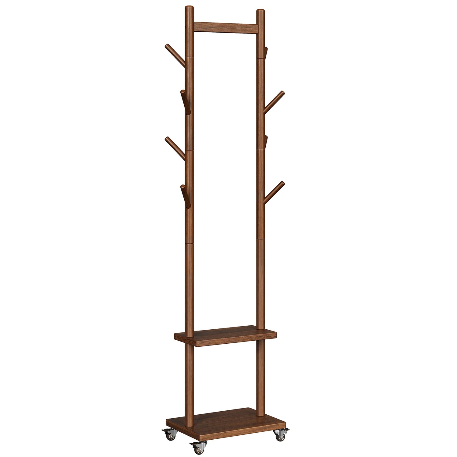 Solid Wood Coat Rack Freestanding, Rolling Clothes Rack with Wheels, Clothing Rack with 8 Hooks &amp; Shelevs, Clothing Racks for Hanging Clothes