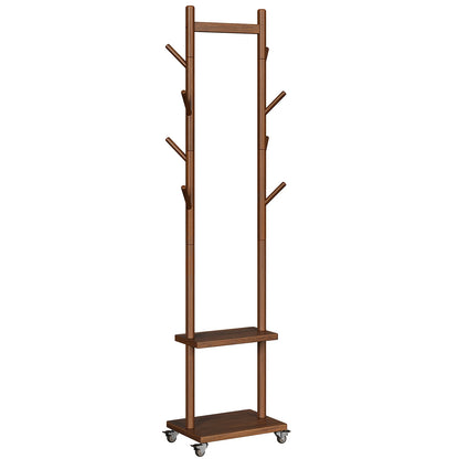 Solid Wood Coat Rack Freestanding, Rolling Clothes Rack with Wheels, Clothing Rack with 8 Hooks &amp; Shelevs, Clothing Racks for Hanging Clothes