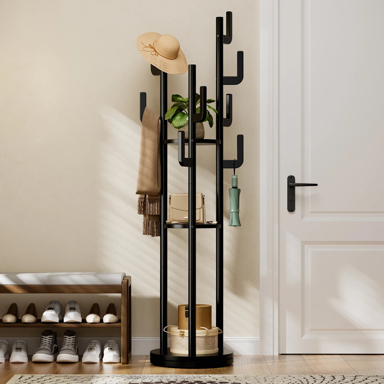 Rotary Coat Rack Freestanding, Solid Wood Coat Tree with 9 Hooks &amp; 3 Open Shelves for Corner, Entryway, Hall Tree for Purse, Bag, Jacket, Hat