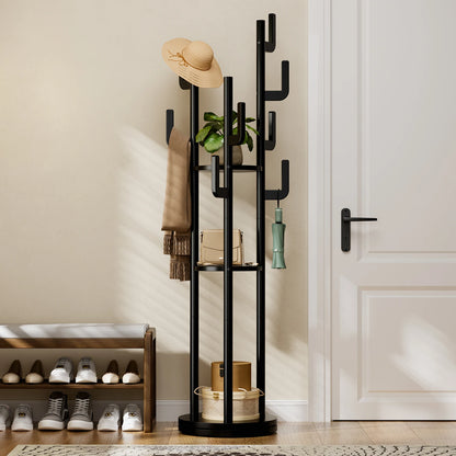 Rotary Coat Rack Freestanding, Solid Wood Coat Tree with 9 Hooks &amp; 3 Open Shelves for Corner, Entryway, Hall Tree for Purse, Bag, Jacket, Hat