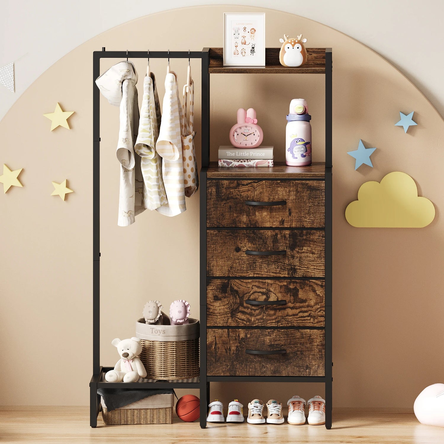 Yoob Small Dresser with Hanging Rack - Small Closet with 4 Fabric Storage Drawers, Chest of Drawer for Bedroom Entryway Dorm