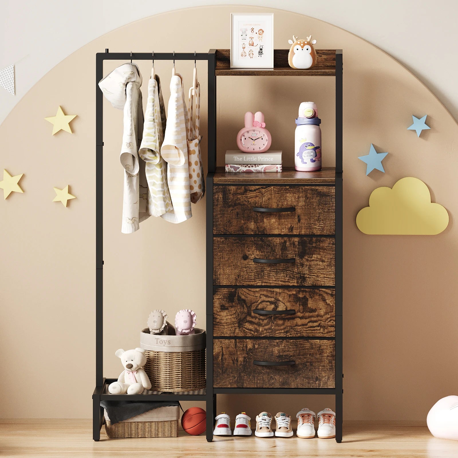 Yoob Small Dresser with Hanging Rack - Small Closet with 4 Fabric Storage Drawers, Chest of Drawer for Bedroom Entryway Dorm