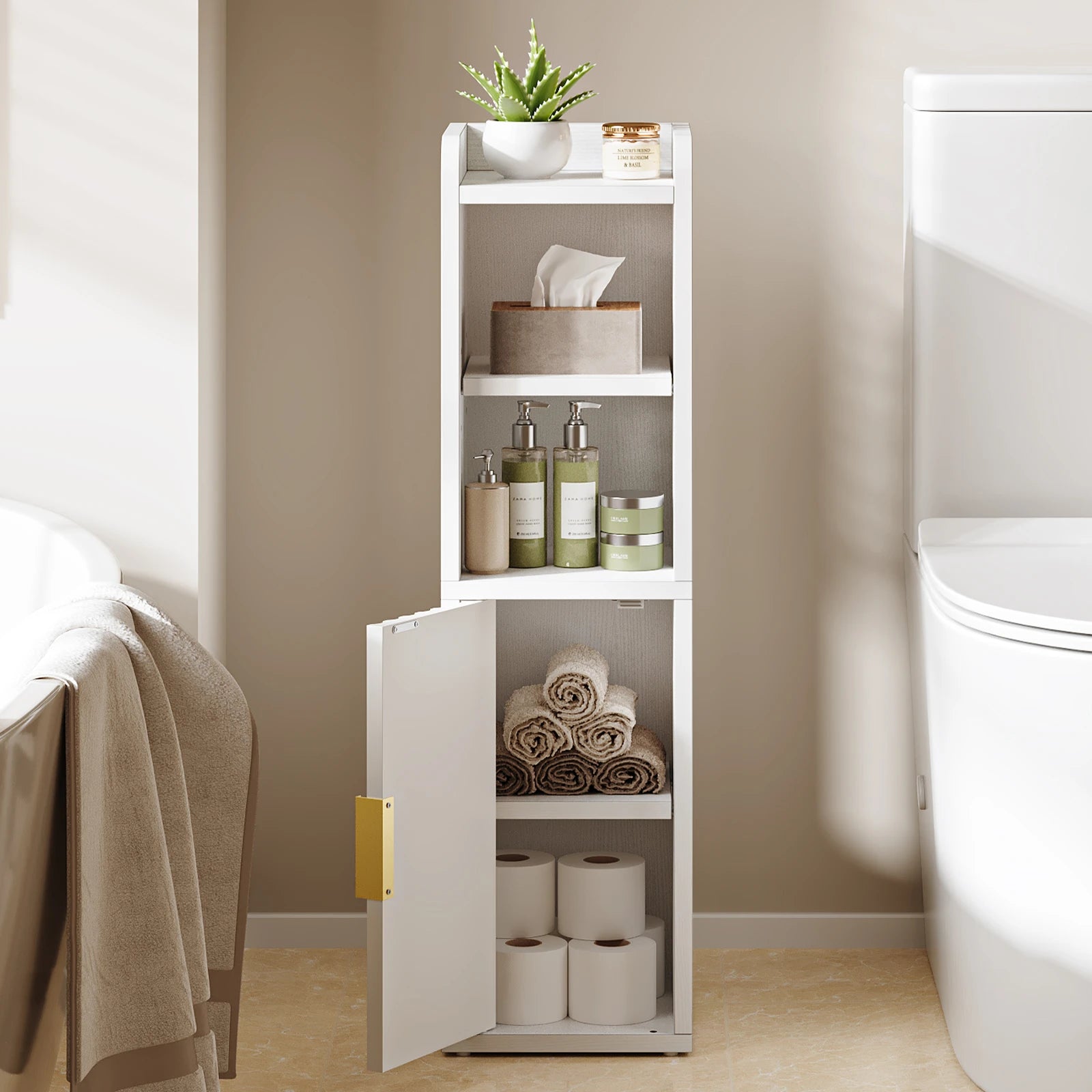 Maliowa Small Bathroom Storage Cabinet, Narrow Bathroom Cabinet with Fluted Door&amp;Adjustable Shelf, Wood Toilet Paper Storage Cabinets for Small Space