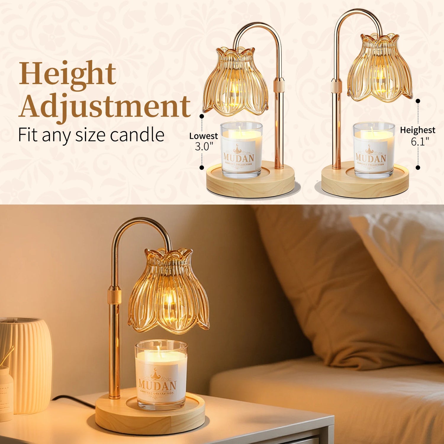 Maliowa Candle Warmer Lamp with Timer &amp; Dimmer - Adjustable Height Electric Candle Warmer, Gift for Women, Birthdays &amp; Housewarmings