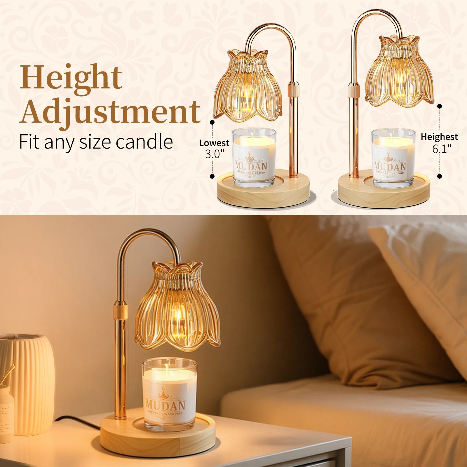 Maliowa Candle Warmer Lamp with Timer &amp; Dimmer - Adjustable Height Electric Candle Warmer, Gift for Women, Birthdays &amp; Housewarmings