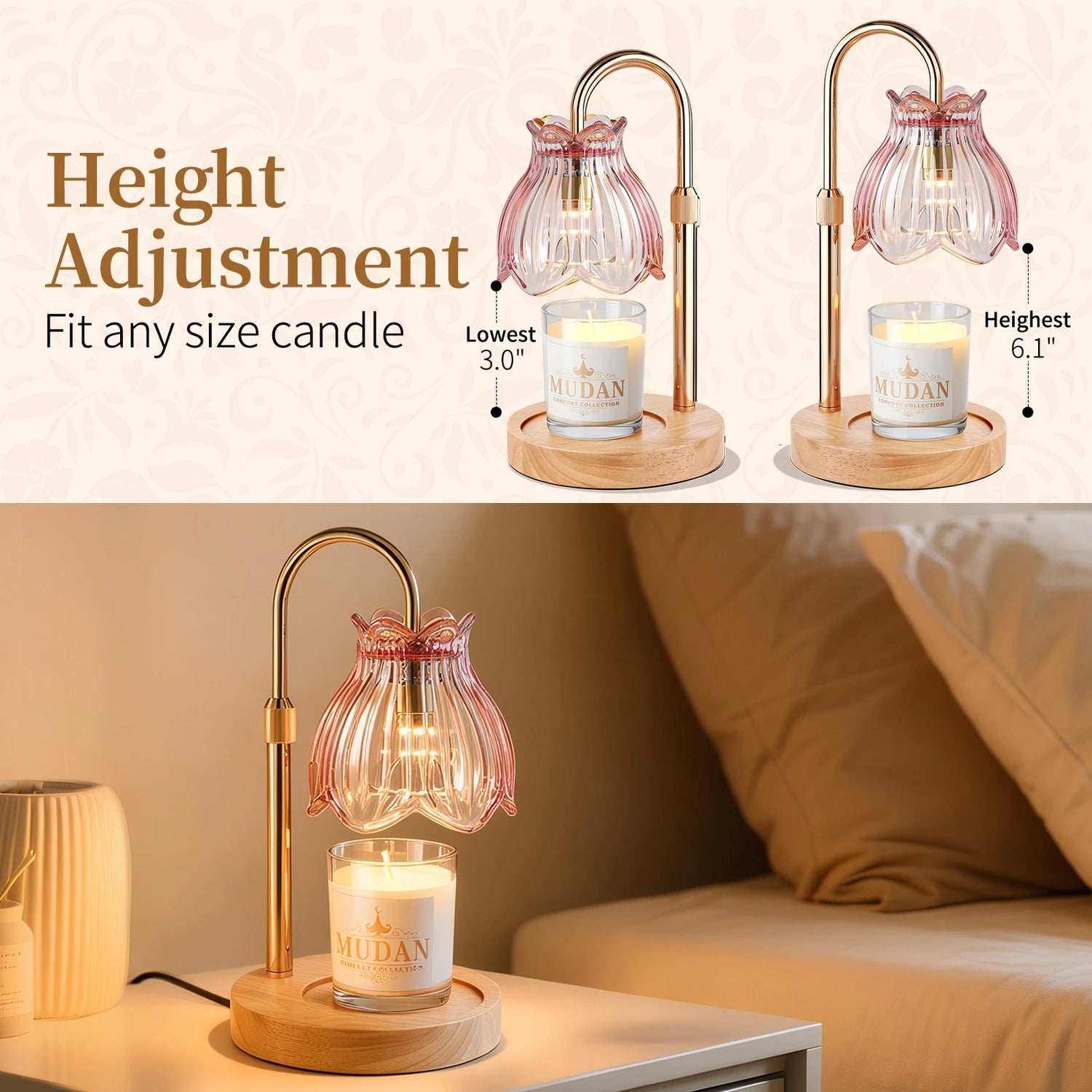Maliowa Candle Warmer Lamp with Timer &amp; Dimmer - Adjustable Height Electric Candle Warmer, Gift for Women, Birthdays &amp; Housewarmings