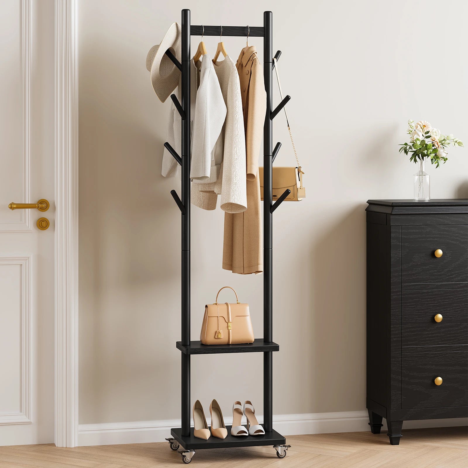 Solid Wood Coat Rack Freestanding, Rolling Clothes Rack with Wheels, Clothing Rack with 8 Hooks &amp; Shelevs, Clothing Racks for Hanging Clothes