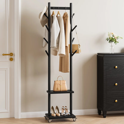 Solid Wood Coat Rack Freestanding, Rolling Clothes Rack with Wheels, Clothing Rack with 8 Hooks &amp; Shelevs, Clothing Racks for Hanging Clothes