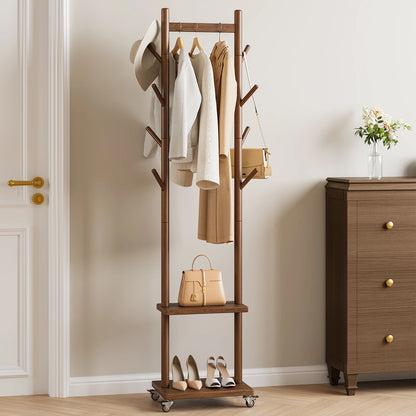 Solid Wood Coat Rack Freestanding, Rolling Clothes Rack with Wheels, Clothing Rack with 8 Hooks &amp; Shelevs, Clothing Racks for Hanging Clothes