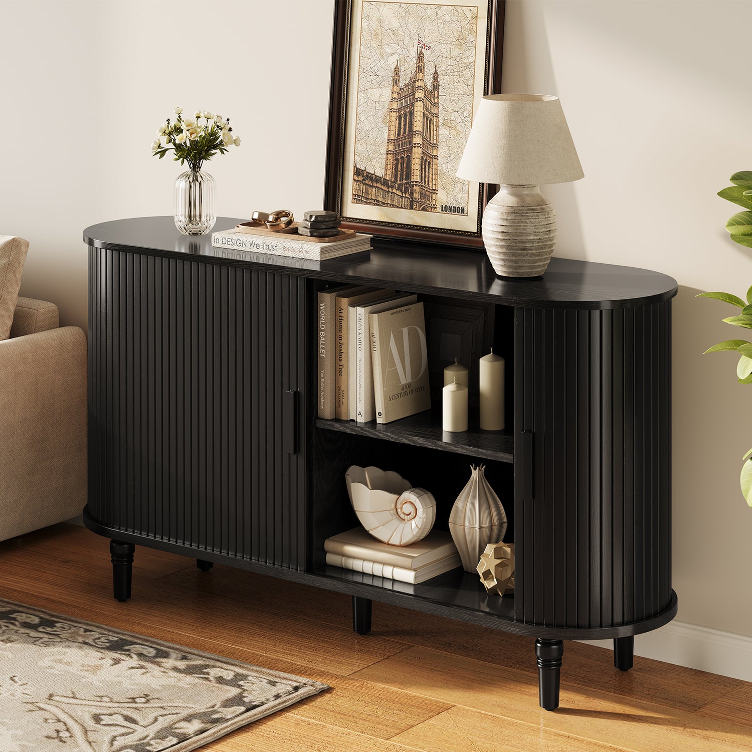 CURLA Sideboard Buffet Cabinet with Silding Doors, Accent 55" Storage Cabinet with Adjutable Shelf for Kitchen, Living Room