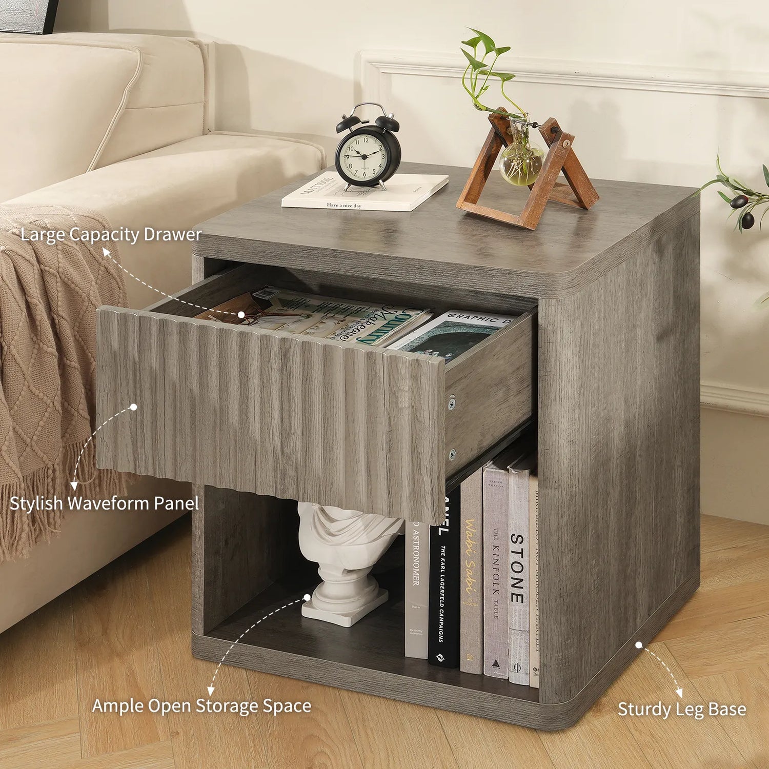 CURLA Fluted Nightstand with Drawer and Storage