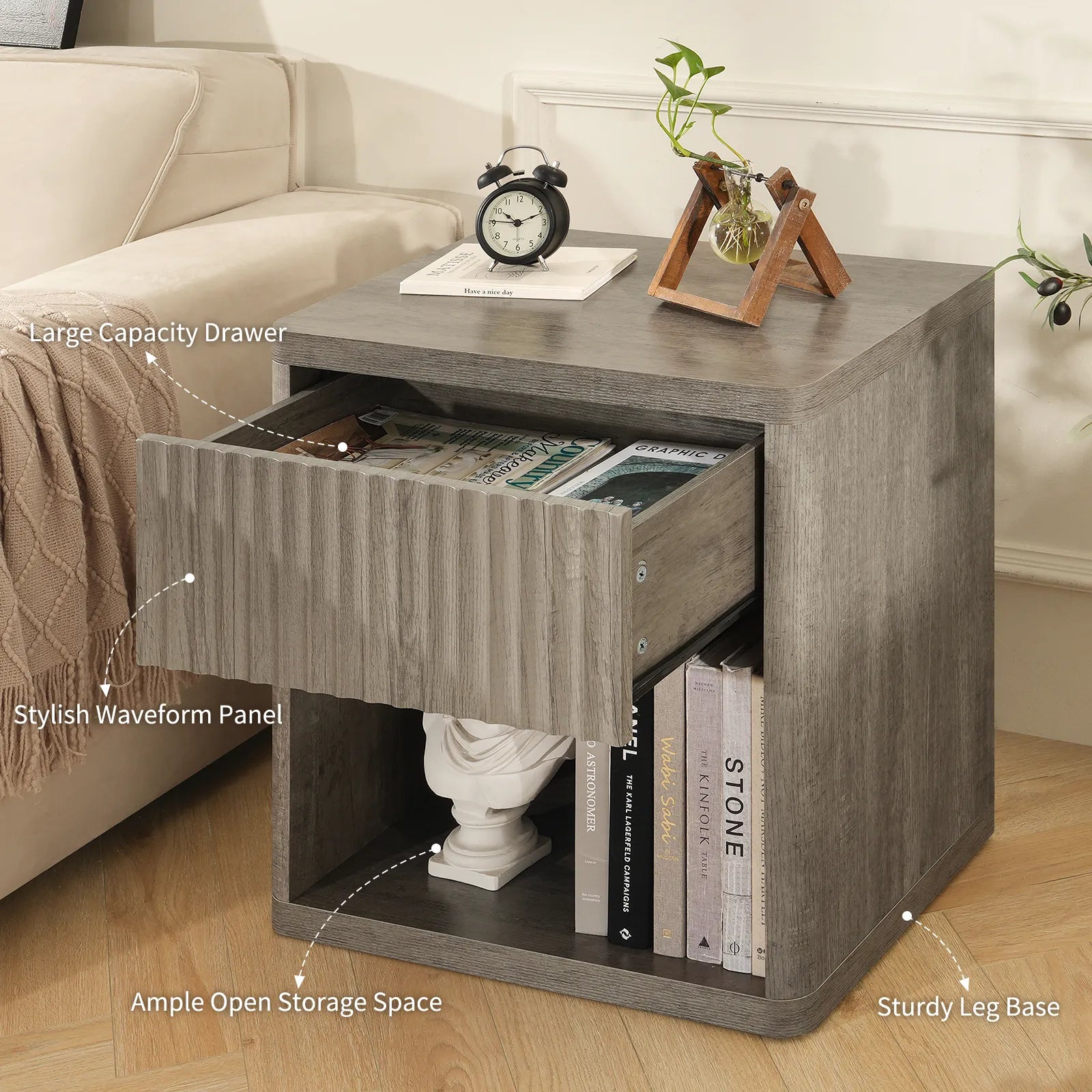 CURLA Fluted Nightstand with Drawer and Storage