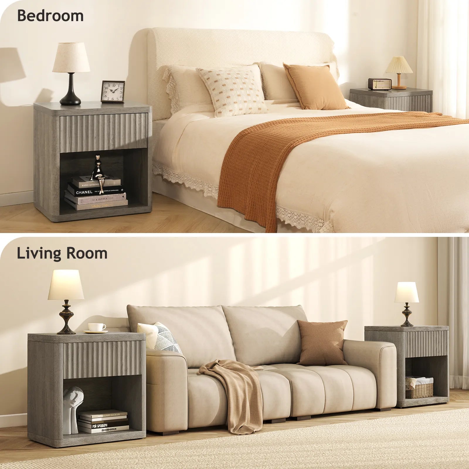 CURLA Fluted Nightstand with Drawer and Storage
