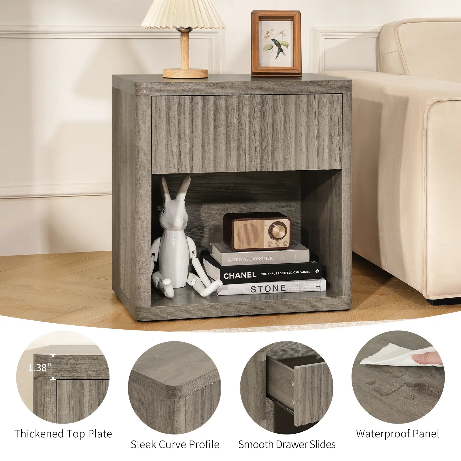 CURLA Fluted Nightstand with Drawer and Storage