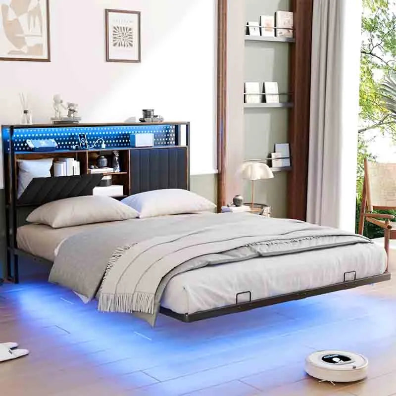 Floating Queen Bed Frame with LED Lights and Charging Station
