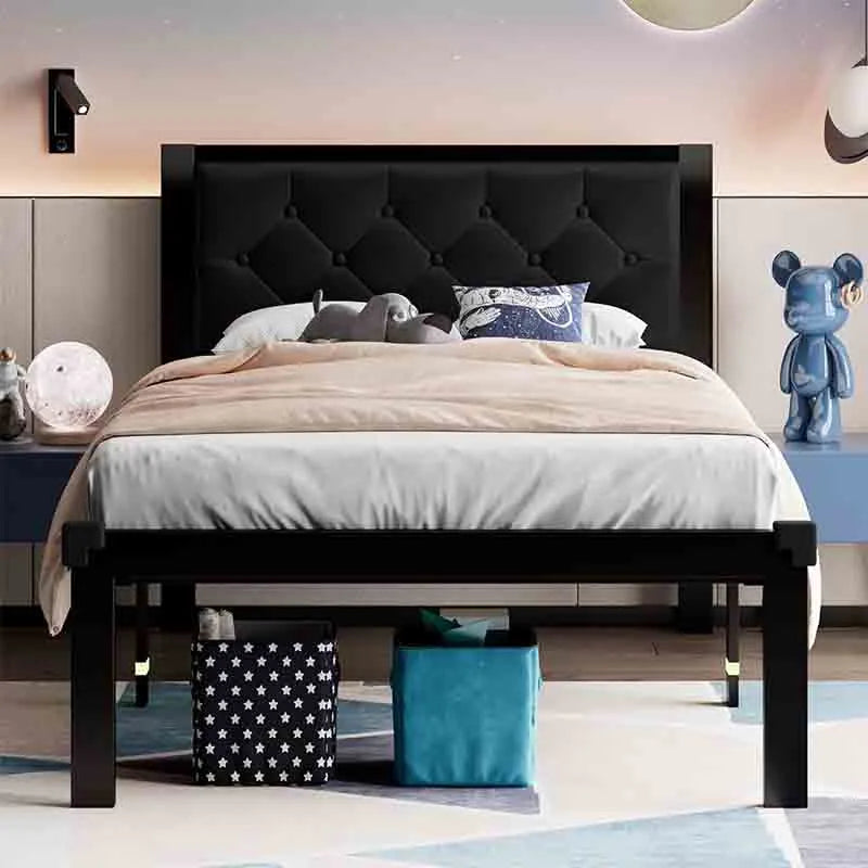 Bed Frame with Faux Leather Button Tufted Headboard