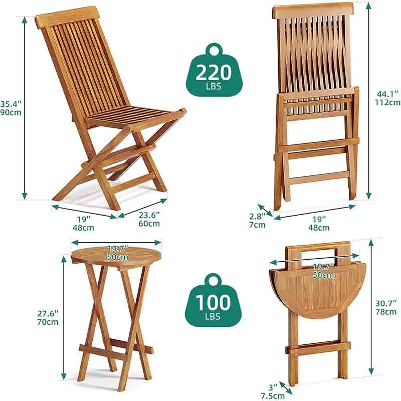 Yoobure 3 Piece Teak Wood Patio Bistro Set with 2 Folding Chairs and Round Table