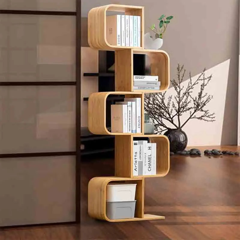 Yoobure 5-Tier S-Shaped Geometric Modern Bamboo Bookshelf