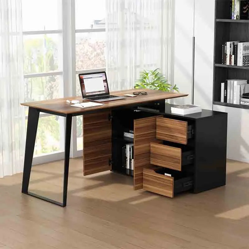 Yoobure 55 Inch L-Shaped Table with Storage Cabinet, Black &amp; Brown