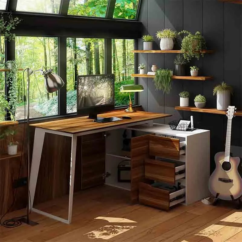 55 Inch L-Shaped Table with Storage Cabinet, White &amp; Brown