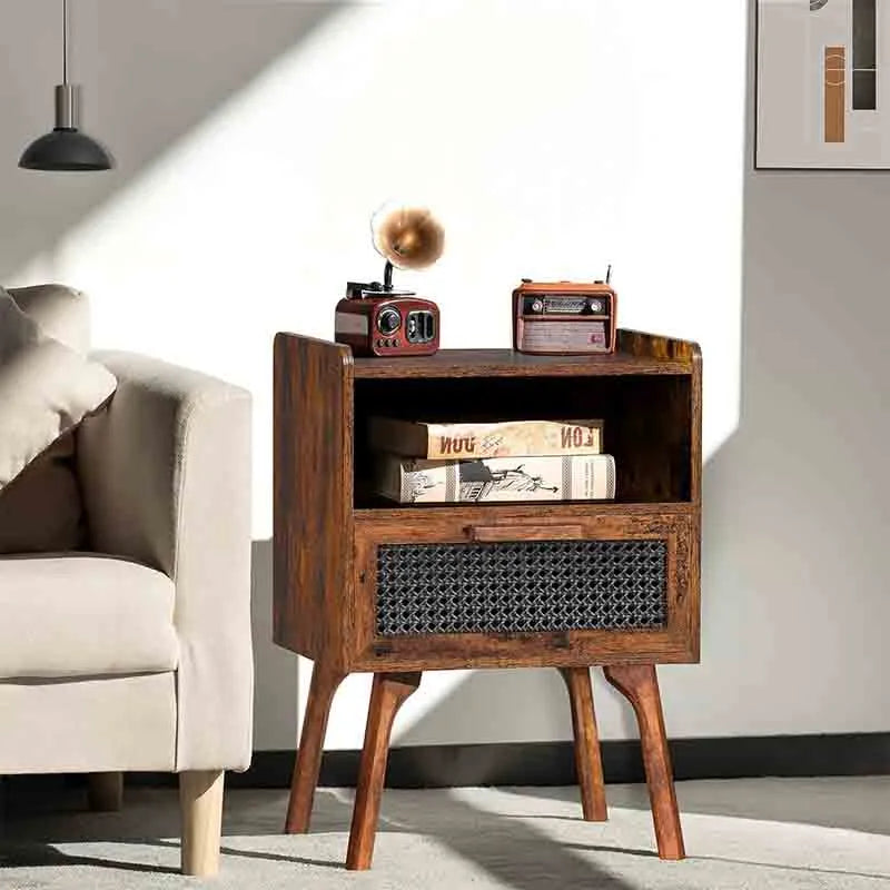 Yoobure Rattan Nightstand Side Table with Drawer Open Shelf