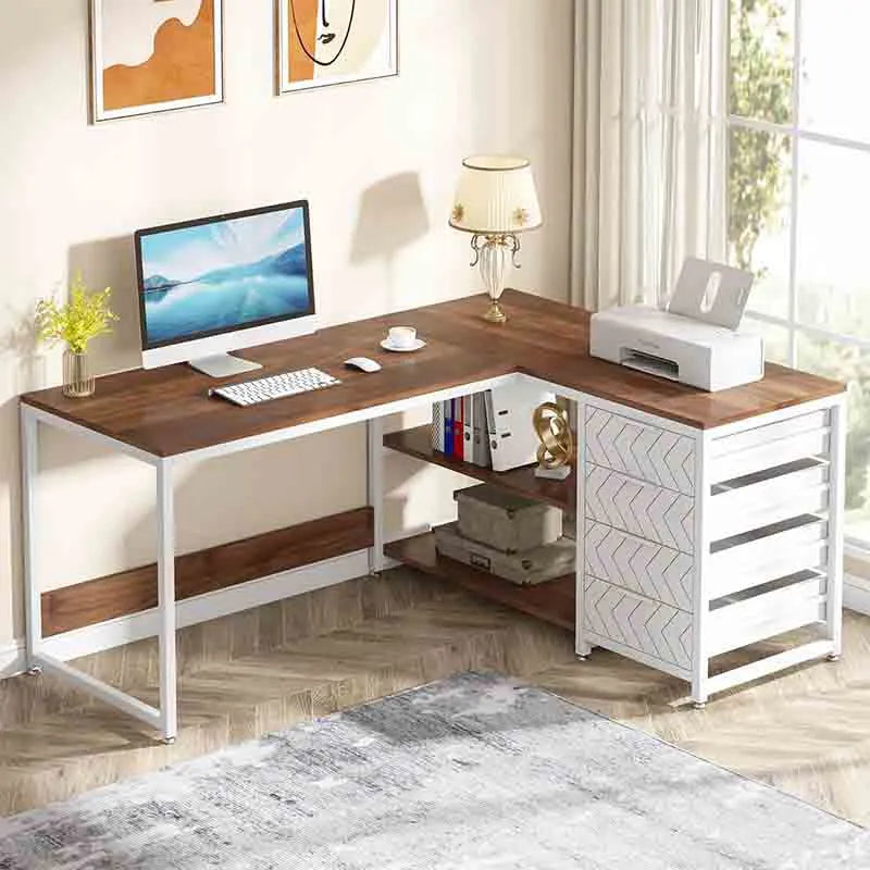 59 inch Reversible Corner Desk with Shelves, Walnut&amp;White