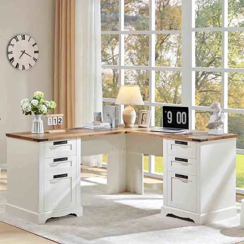 60" L Shaped Executive Desk with Drawers, White