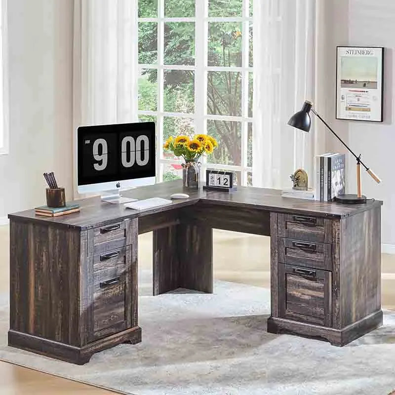 60" L Shaped Executive Desk with Drawers, Dark Oak