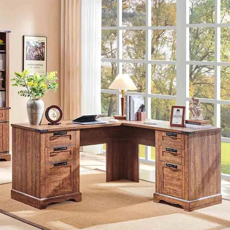 60" L Shaped Executive Desk with Drawers, Wood