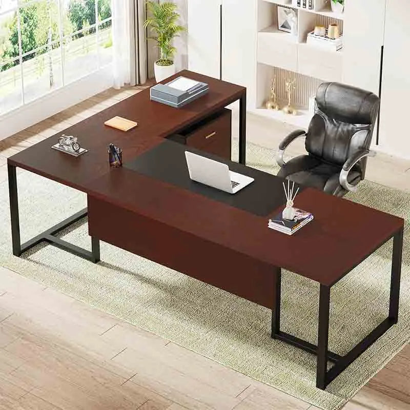 70.8" L-Shaped Executive Desk, Walnut &amp; Black