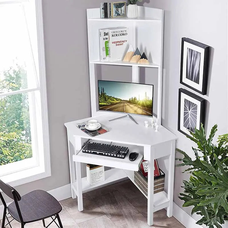 Yoobure Triangle Corner Computer Desk with Keyboard Tray, White