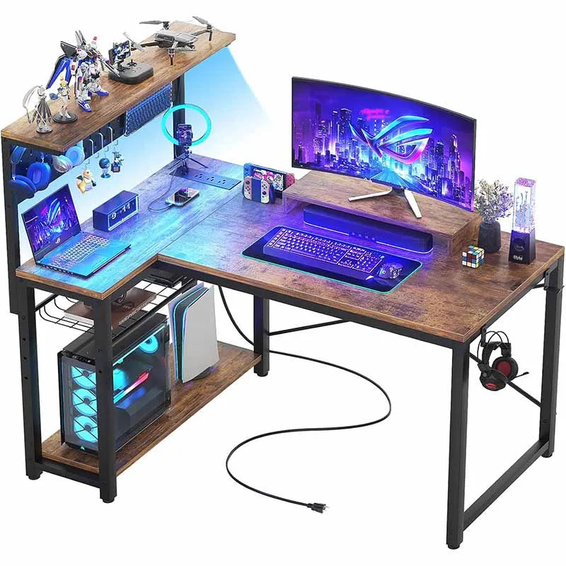Small Gaming Desk with Power Outlets &amp; Pegboard, Rustic Brown