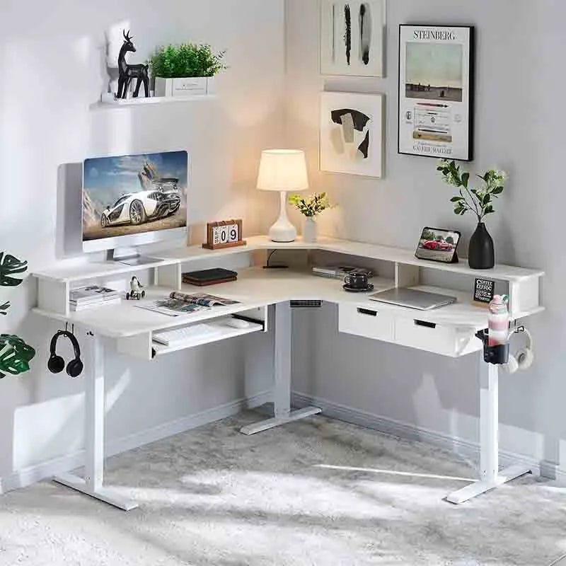 White 60 Inches L Shaped Electric Standing Desk