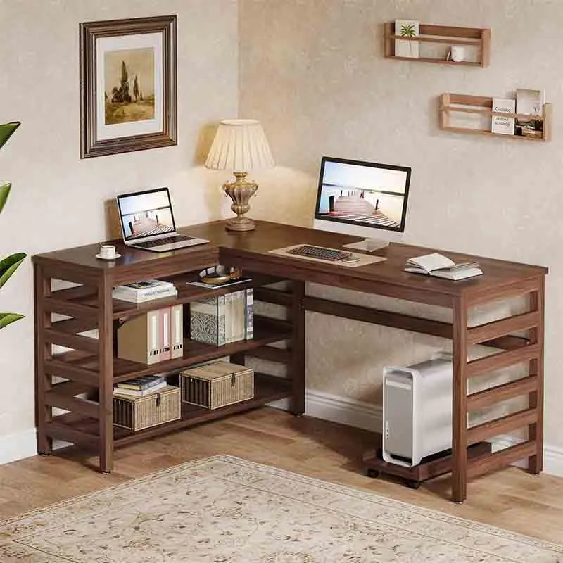 Yoobure All-Wood Corner Home Office Desk with 4-Tier Storage Shelf