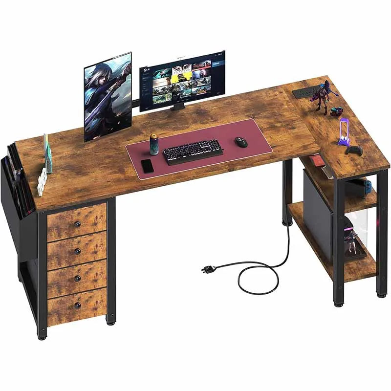 L-Shaped Teen PC Desks with Fabric Drawer, Brown