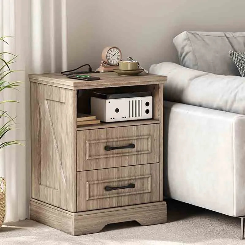 Yoobure Farmhouse Nightstand with Charging Station Wood