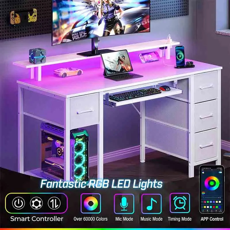 Yoobure Computer Desk 47.2" with LED Lights &amp; Power Outlets