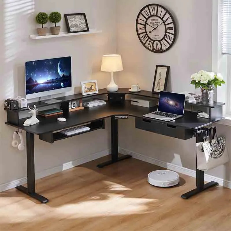 Black 60 Inches L Shaped Electric Standing Desk