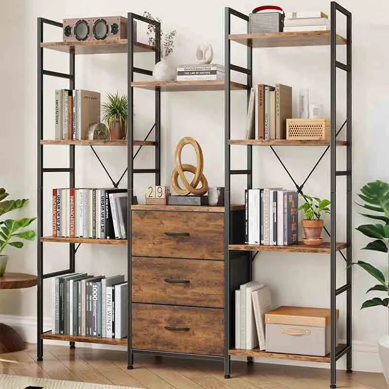 Yoobure Triple Bookshelf with Drawers Wide 4-Tier Book Shelf