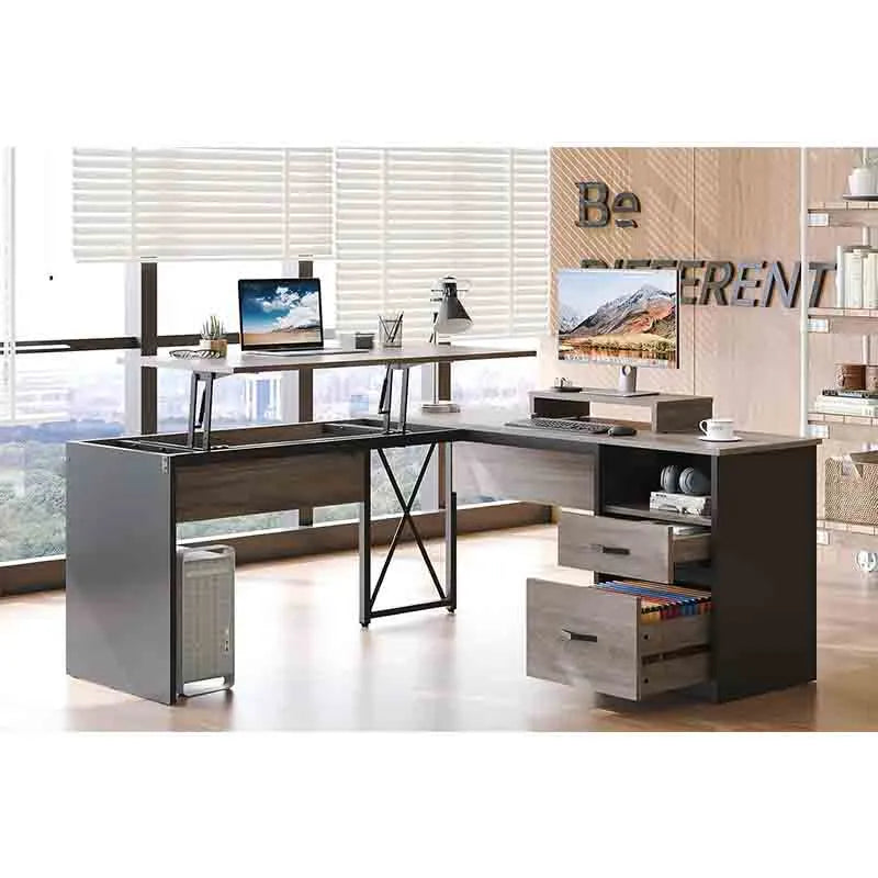 Lift Top L Shaped Desk with File Drawer, Grey
